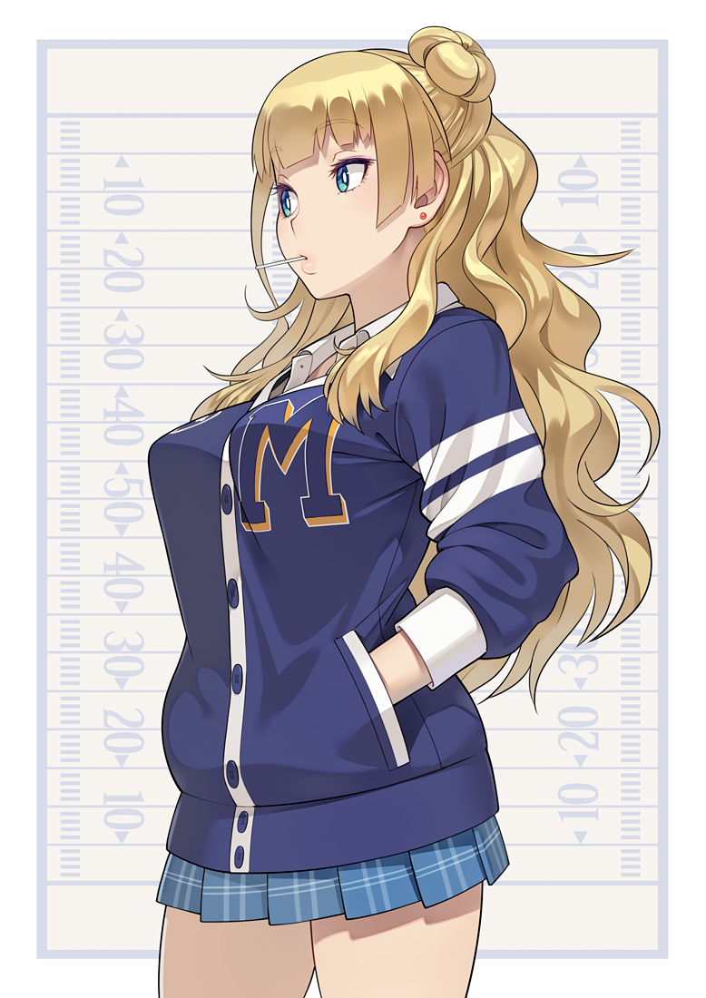1girl, asymmetrical_hair, blonde_hair, blue_eyes, breasts, candy, cardigan, go_robots, gyaru-ko, lollipop, long_hair, one_side_up, oshiete!_gyaru-ko-chan, school_uniform, scrunchie, side_bun, solo
