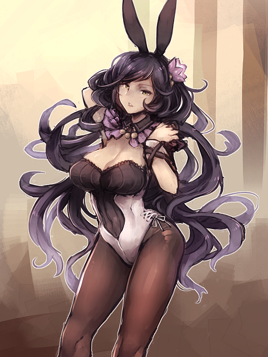 1girl, animal_ears, black_hair, black_legwear, breasts, bunnysuit, cleavage, detached_collar, flower, granblue_fantasy, hair_flower, hair_ornament, large_breasts, leotard, long_hair, oshiruko_(tsume), pantyhose, parted_lips, rabbit_ears, rosamia_(granblue_fantasy), solo, wrist_cuffs, yellow_eyes