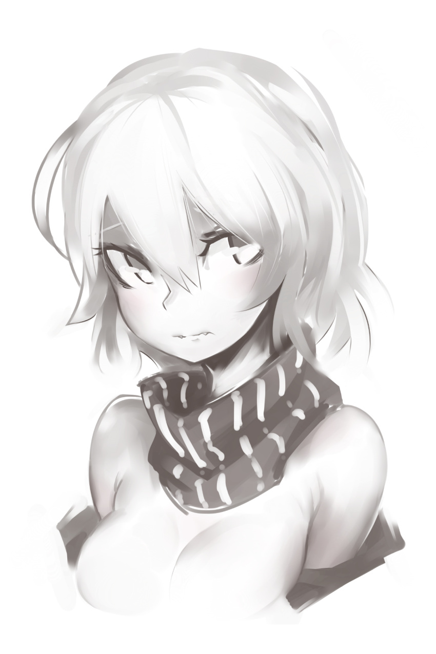 1girl, ahoge, bare_shoulders, blush, breasts, cleavage, clothes_down, deel_(rkeg)