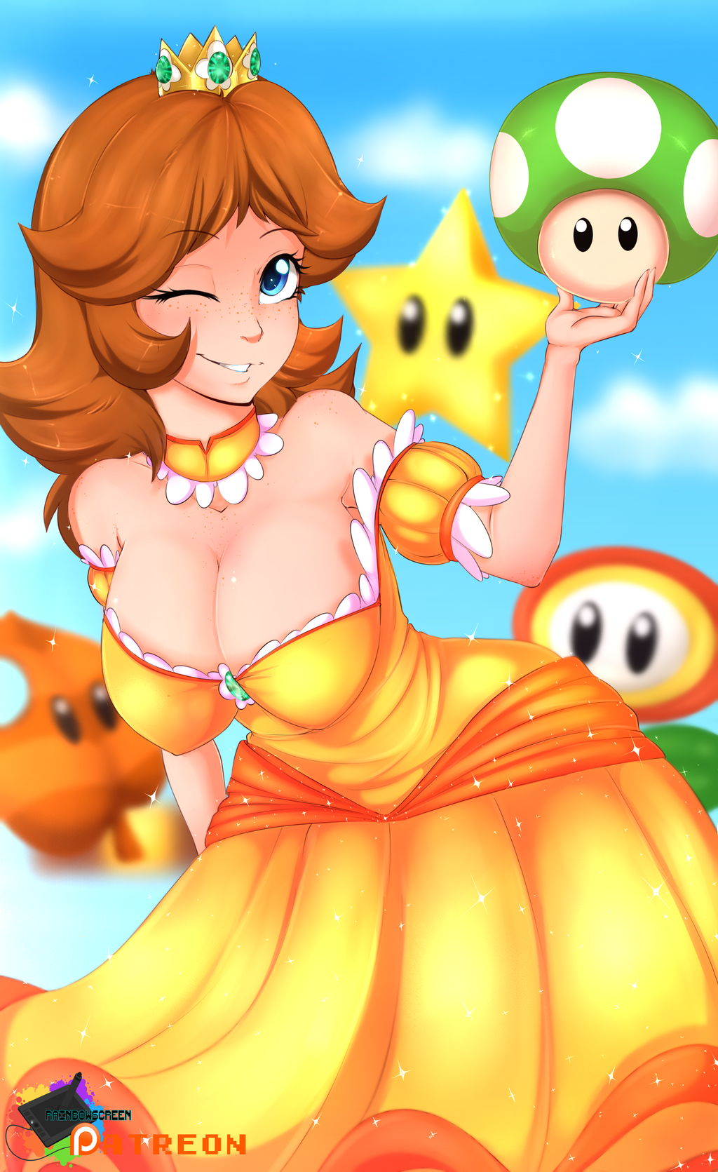 1girl, 1up, ;d, armpits, bare_shoulders, bent_over, black_eyes, blue_eyes, blue_sky, blurry, blurry_background, blush, breasts, brooch, collarbone, cowboy_shot, crown, depth_of_field, detached_collar, downblouse, dress, fire_flower, freckles, gem, glint, hanging_breasts, highres, holding, jewelry, large_breasts, looking_at_viewer, super_mario_bros., mushroom, off-shoulder_dress, off_shoulder, one_eye_closed, open_mouth, parted_lips, power_star, princess_daisy, puffy_short_sleeves, puffy_sleeves, rainbowscreen, sapphire_(stone), short_hair, short_sleeves, sky, smile, smiley_face, solo, sparkle, standing, super_leaf, super_mario_bros., teeth