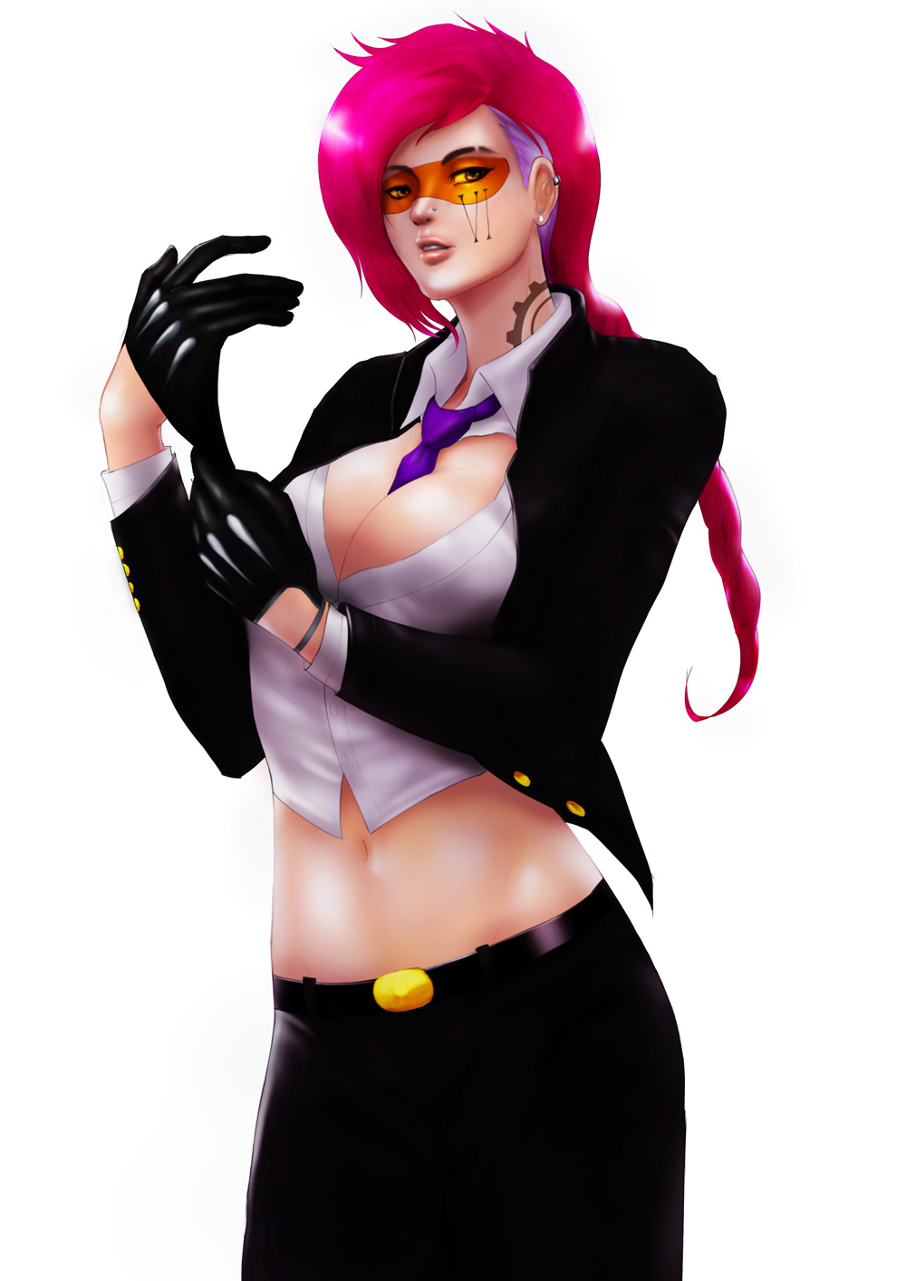 1girl, between_breasts, black_gloves, breasts, cleavage, crimson_viper, ear_piercing, eyebrows