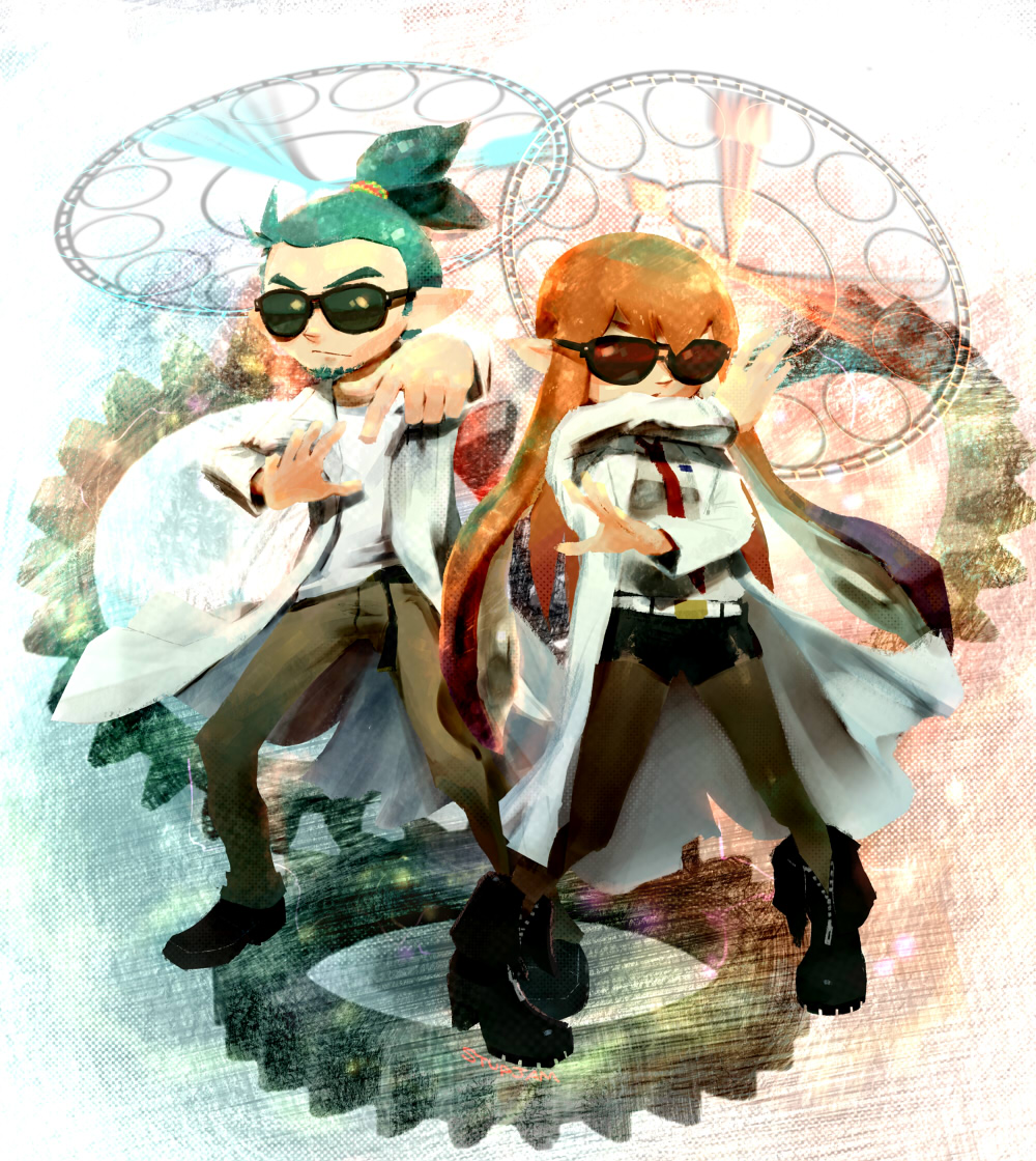 1boy, 1girl, belt, blue_hair, boots, clock, crossover, facial_hair
