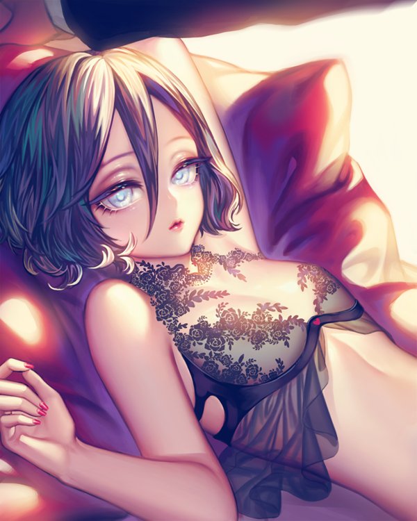 'o'ne, 1boy, 1girl, arm_up, bare_shoulders, black_hair, expressionless, eyelashes