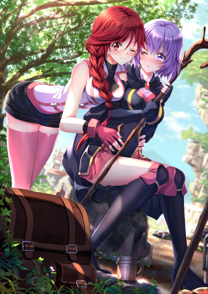 2girls, bent_over, blurry, blurry_background, building, bush, city, cityscape