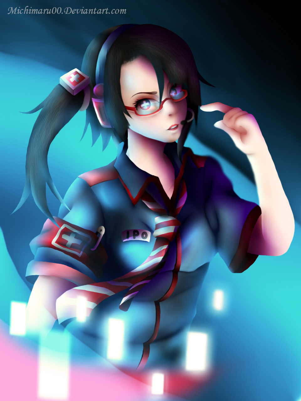 1girl, bangs, black_hair, collared_shirt, headphones, highres, internet_positif, ipo-chan