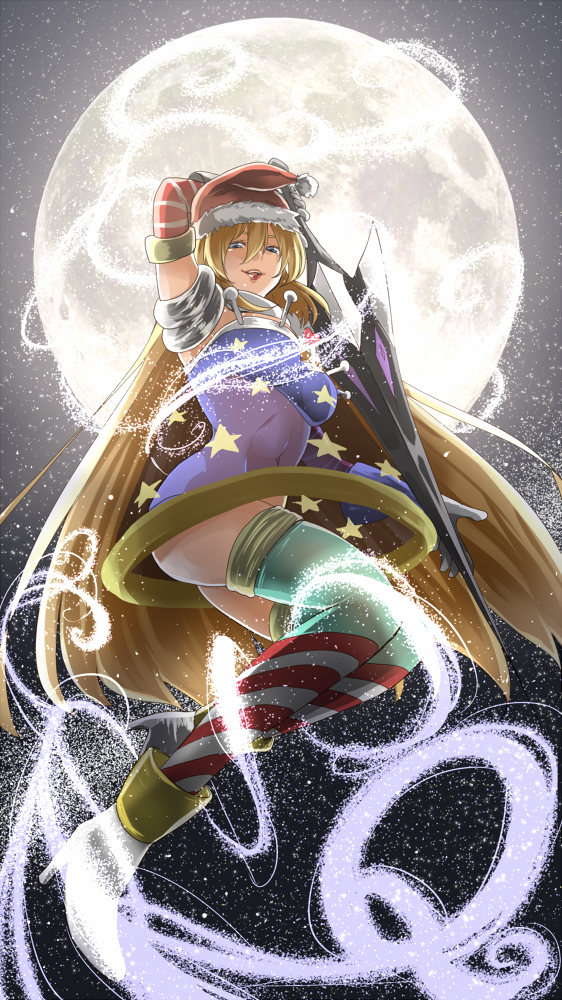 1girl, alternate_costume, arm_up, blonde_hair, blue_eyes, covered_navel, from_below, full_moon