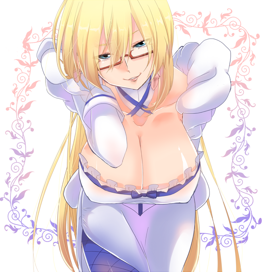 1girl, adjusting_hair, bespectacled, blonde_hair, blue_eyes, breasts, cleavage, collarbone