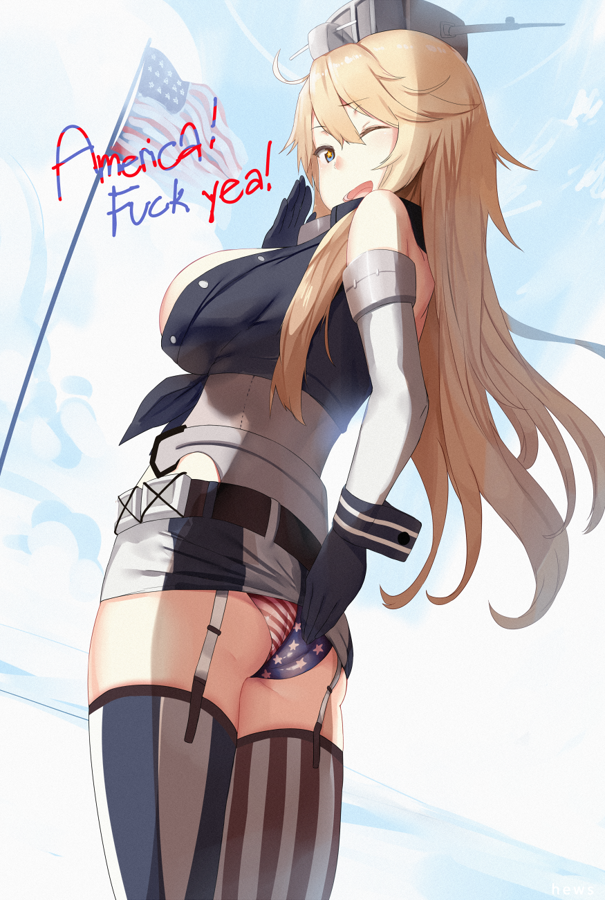 1girl, ;d, american_flag, american_flag_panties, antennae, armlet, belt, black_gloves