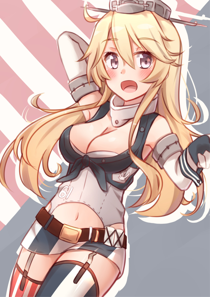 1girl, :d, american_flag_background, anchor_symbol, armpits, bare_shoulders, belt, black_gloves