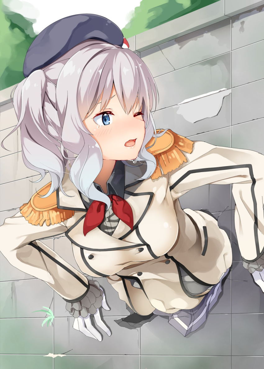 1girl, ;o, beret, black_hat, black_shirt, blue_eyes, blue_skirt, blush