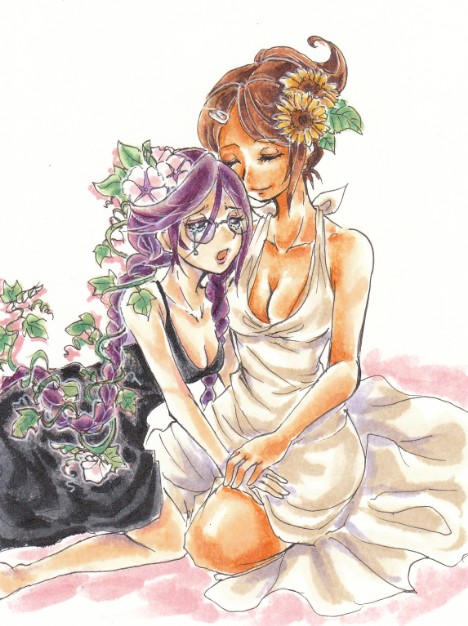2girls, alternate_costume, asahina_aoi, braid, breasts, brown_hair, cleavage, closed_eyes