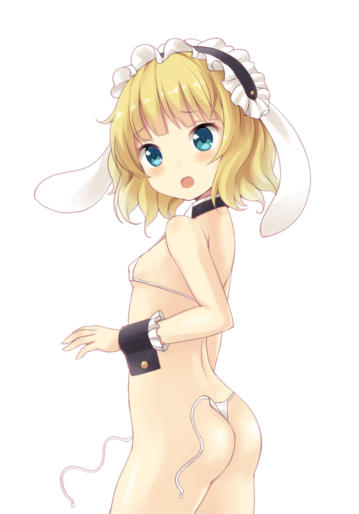 1girl, animal_ears, aqua_eyes, ass, bangs, bikini, blonde_hair, blush