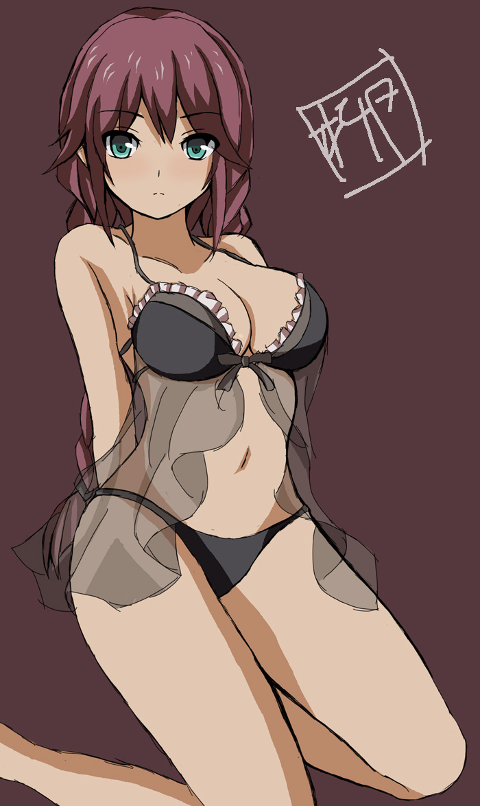 1girl, aqua_eyes, arms_behind_back, babydoll, bare_arms, bare_legs, bare_shoulders, black_bra, black_panties, black_ribbon, blush, bra, braid, breasts, cleavage, closed_mouth, collarbone, expressionless, eyebrows, eyebrows_visible_through_hair, frilled_bra, frills, hair_ribbon, kantai_collection, kneeling, legs_apart, lingerie, long_hair, looking_at_viewer, low-tied_long_hair, midriff, navel, noshiro_(kantai_collection), panties, redhead, ribbon, see-through, signature, sleeveless, solo, stomach, thighs, tsurime, twin_braids, underwear, underwear_only, very_long_hair, yanagi_wakana