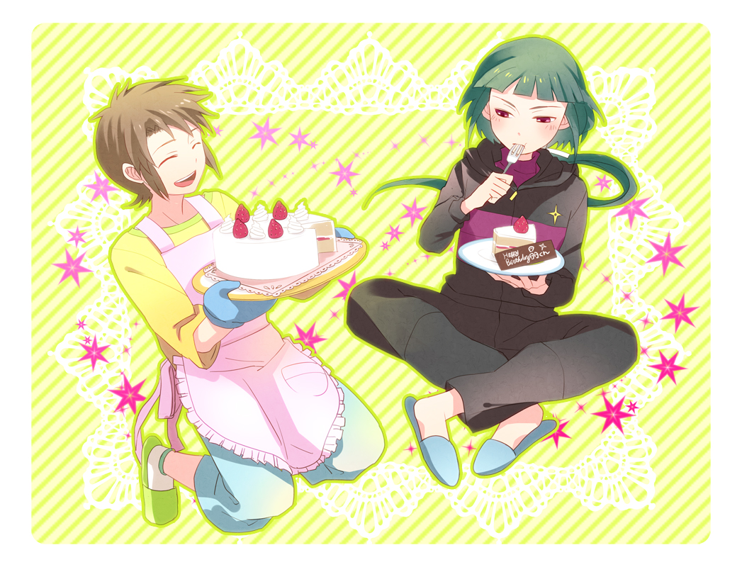 1boy, 1girl, :t, apron, brown_hair, cake, casual, closed_eyes