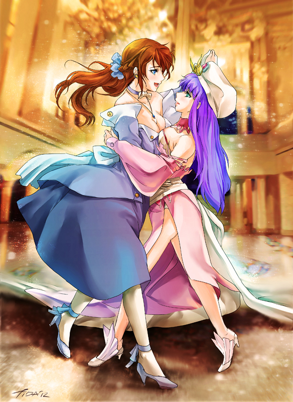 2girls, alternate_hairstyle, arika_yumemiya, bare_shoulders, brown_hair, bunny_shake, choker, dancing, detached_sleeves, dress, hat, high_heels, long_hair, looking_at_another, low_ponytail, mashiro_blan_de_windbloom, multiple_girls, my-otome, panties, pantyhose, ponytail, purple_hair, side_slit, signature, underwear