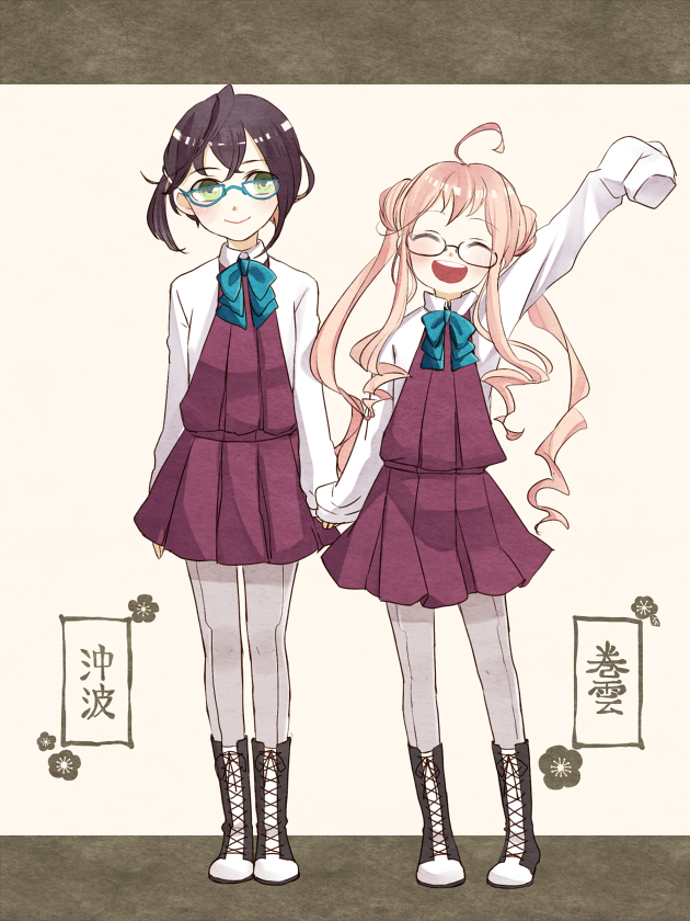 2girls, arufa_(th_bluerose), black_hair, glasses, green_eyes, kantai_collection, long_hair, makigumo_(kantai_collection)
