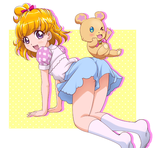 1girl, all_fours, asahina_mirai, bear, blonde_hair, blue_eyes, creature, full_body, hanzou, kneehighs, looking_at_viewer, looking_back, mahou_girls_precure!, mofurun_(mahou_girls_precure!), precure, shirt, short_hair, shorts, smile, violet_eyes, white_legwear, yellow_background