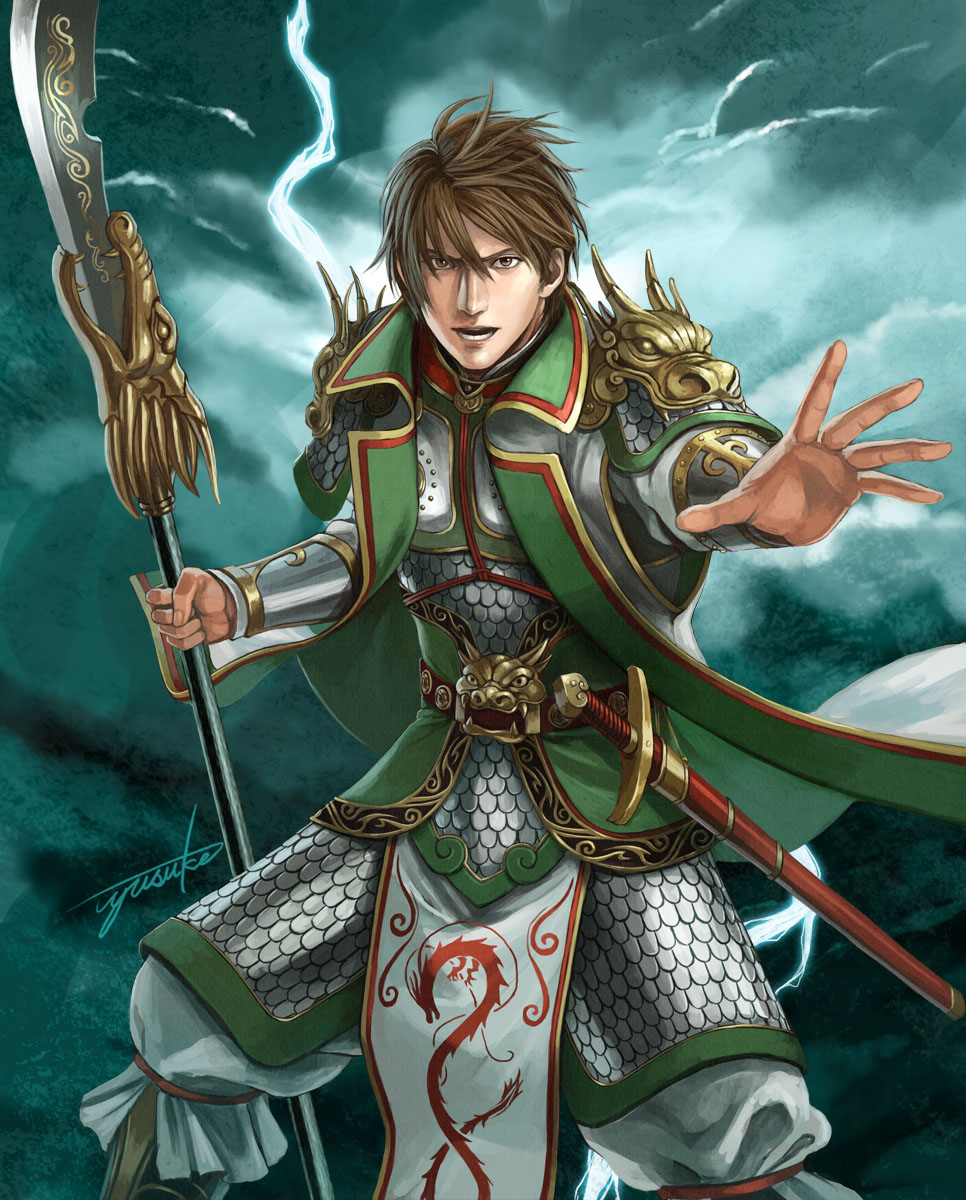 1boy, armor, brown_eyes, brown_hair, guan_xing, highres, holding_weapon, lancergrow, lightning, looking_at_viewer, male_focus, naginata, open_mouth, polearm, scale_armor, sengoku_taisen, sheath, sheathed, signature, solo, standing, sword, tagme, weapon