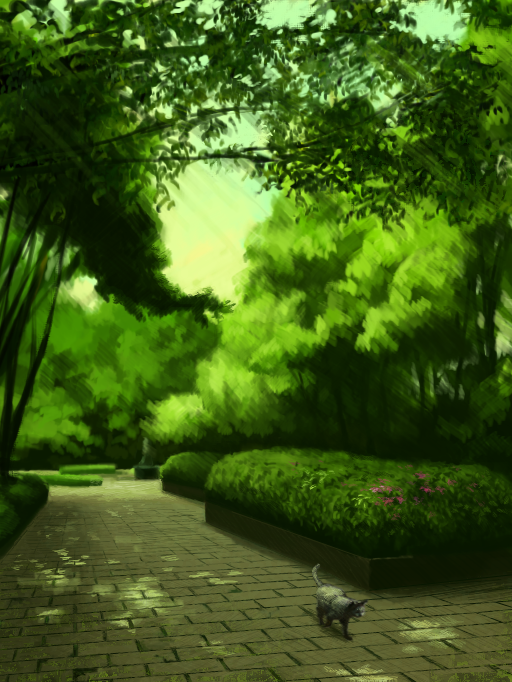 black_cat, cat, green, hatarisu, no_humans, original, park, plant