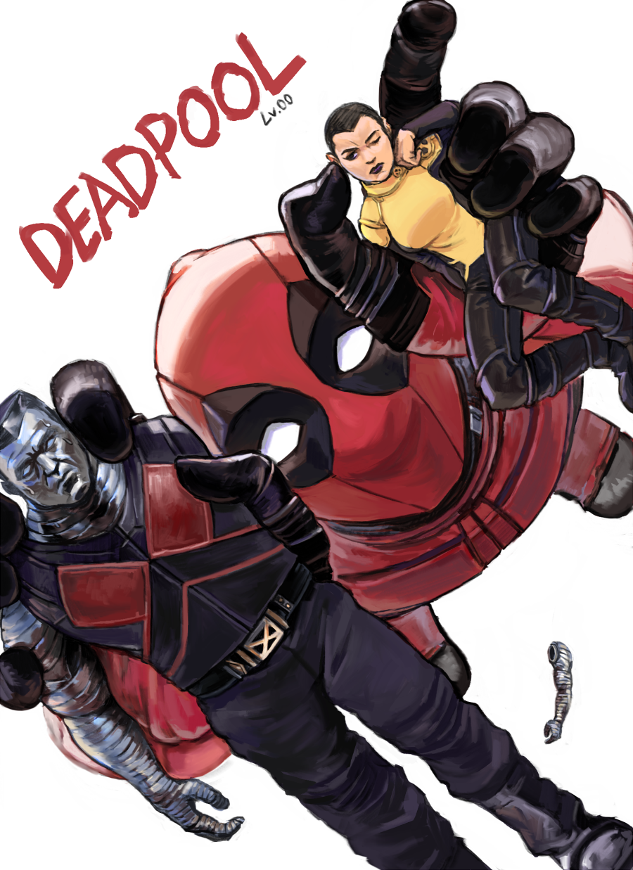 1girl, 2boys, action_figure, amputee, artist_request, black_hair, colossus_(x-men), deadpool
