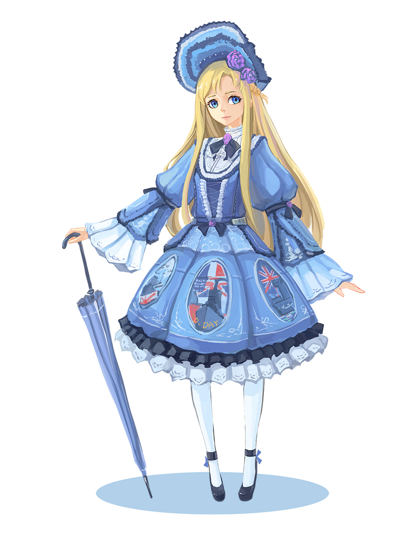 1girl, blonde_hair, blue_dress, blue_eyes, dress, flower, frills, full_body, hair_flower, hair_ornament, hms_warspite, lolita_fashion, long_hair, original, purple_rose, rose, sima_naoteng, solo, standing, tagme, umbrella, wide_sleeves
