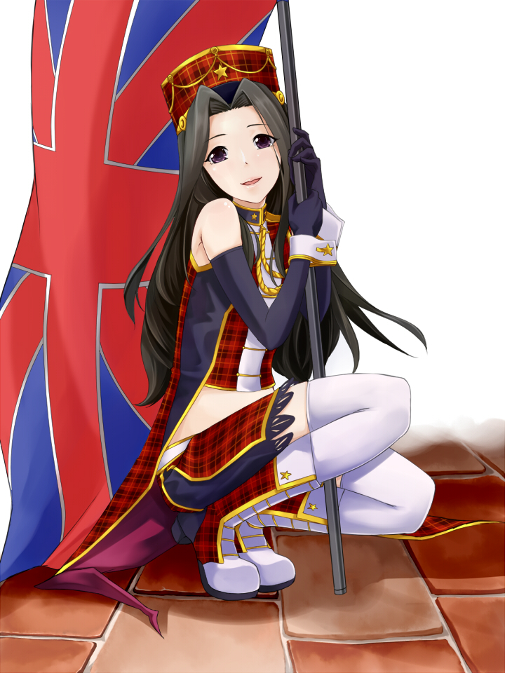 1girl, black_hair, flag, hair_intakes, hat, idolmaster, idolmaster_cinderella_girls, ky_kosuke