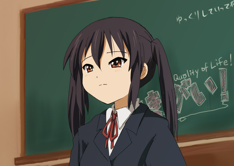 brown_eyes, chalkboard, k-on!, long_hair, nakano_azusa, school_uniform, solo, twintails, yunoyama_yukata