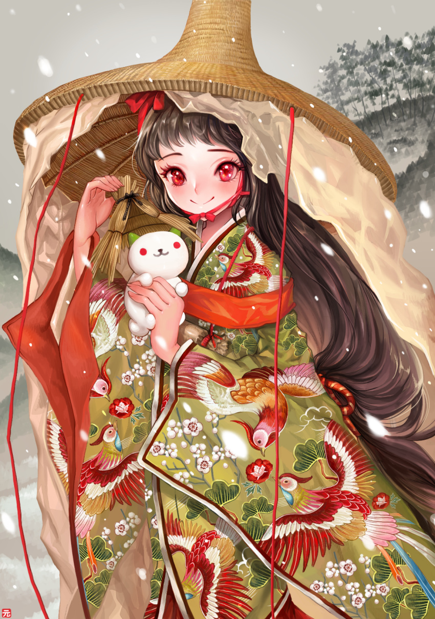 1girl, brown_hair, candlefish, hat, highres, japanese_clothes, kimono, long_hair