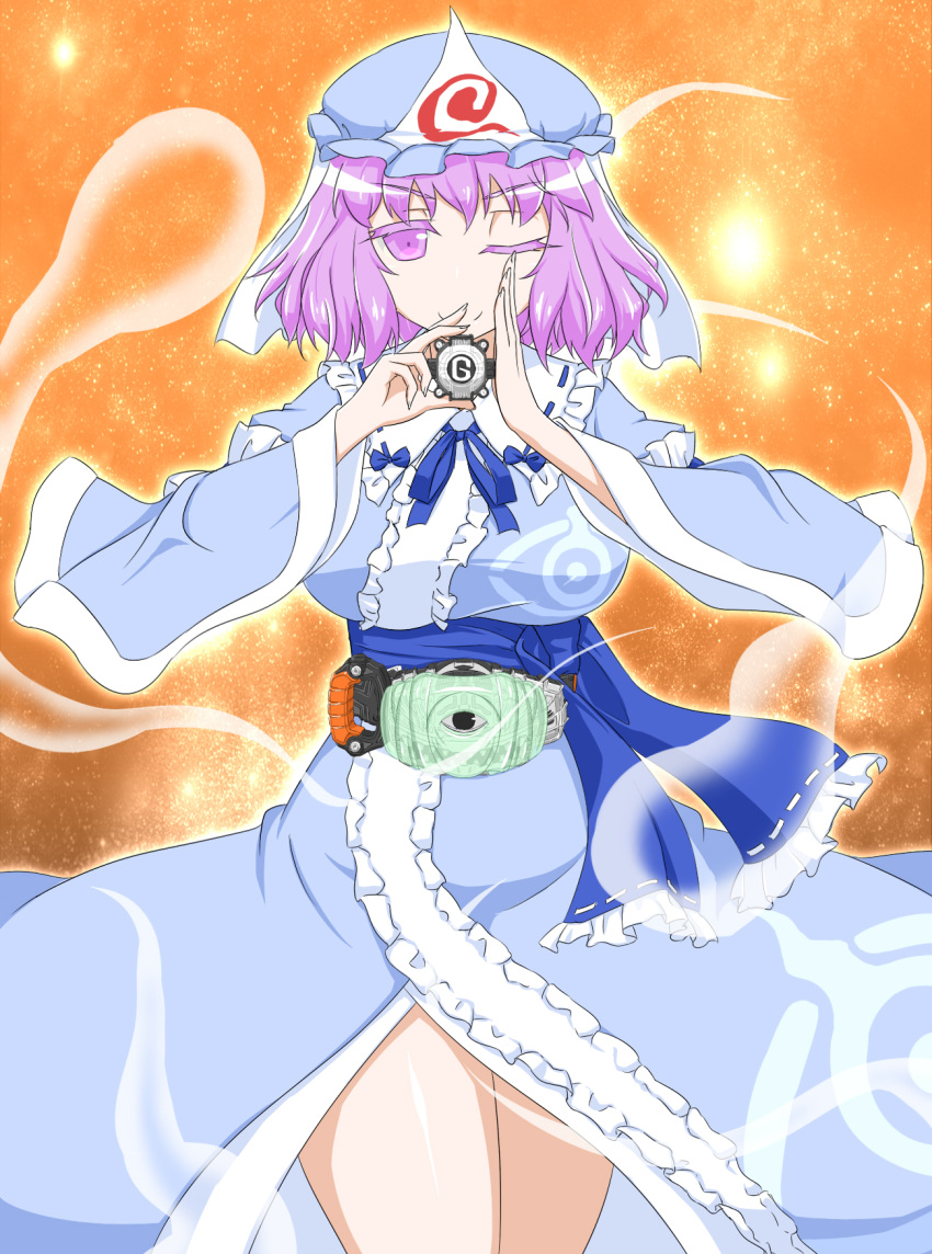 1girl, blue_dress, blue_ribbon, bonnet, crossover, dress, eyecon, female