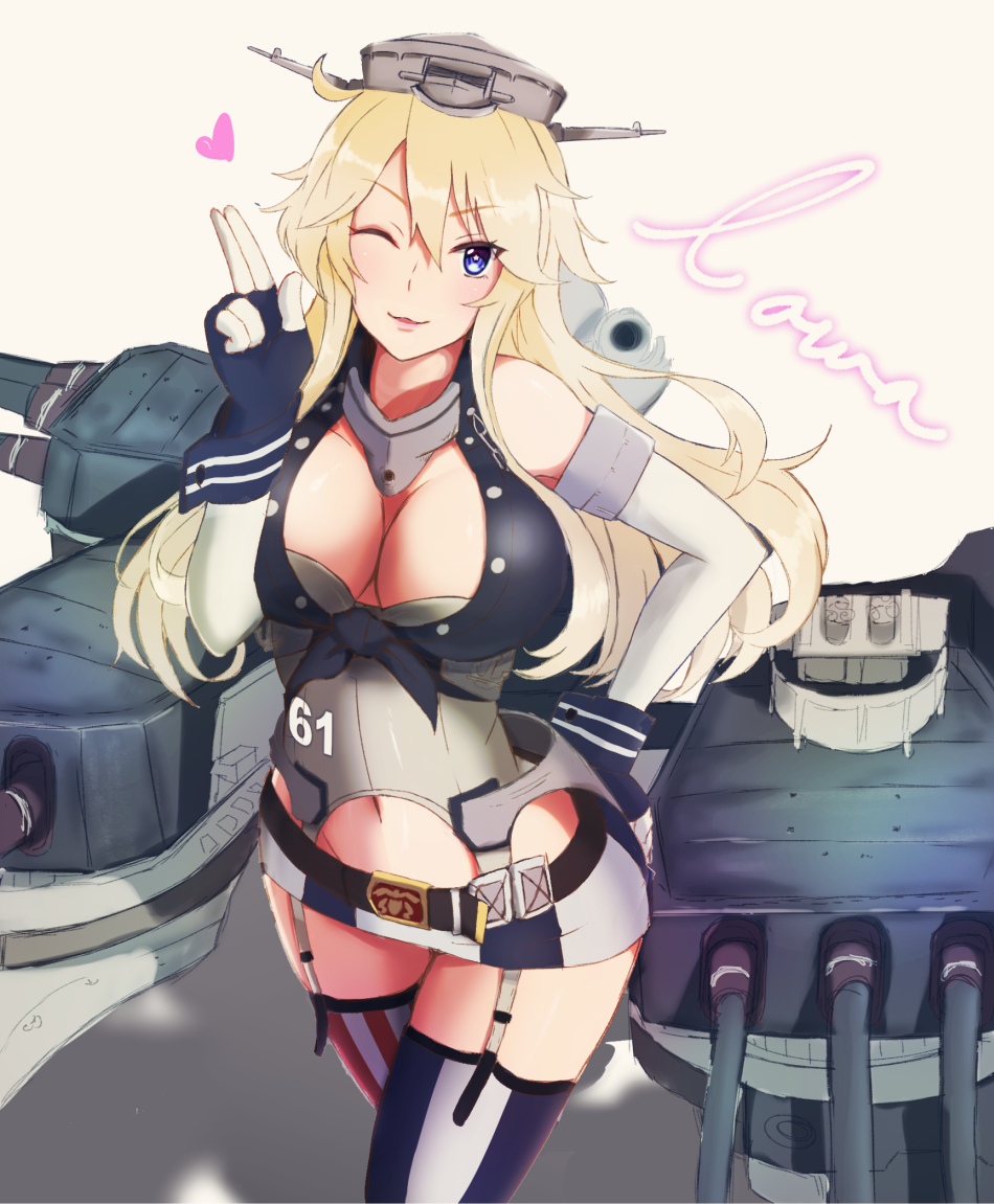 1girl, bare_shoulders, belt, blonde_hair, blue_eyes, breasts, character_name, cleavage