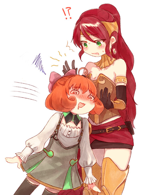 !?, 2girls, @_@, ahoge, armored_legwear, bangs, belt, black_gloves