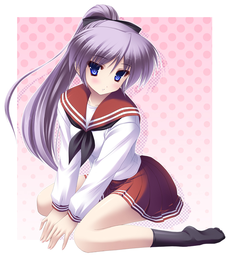 blue_eyes, bow, collarbone, hair_bow, hiiragi_kagami, kneeling, long_hair, lucky_star