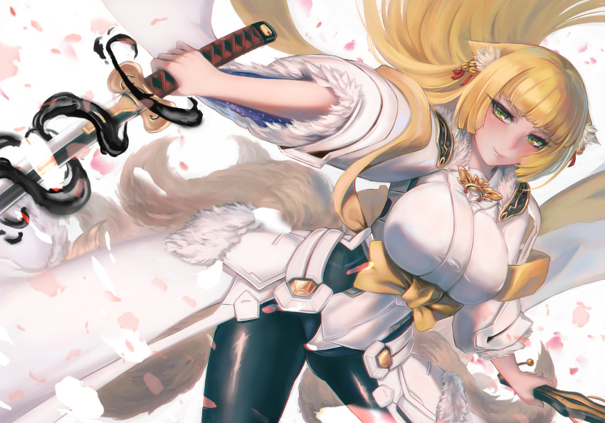 1girl, animal_ears, blonde_hair, bodysuit, breasts, chiwa_(tsugumisky), fan, fox_ears