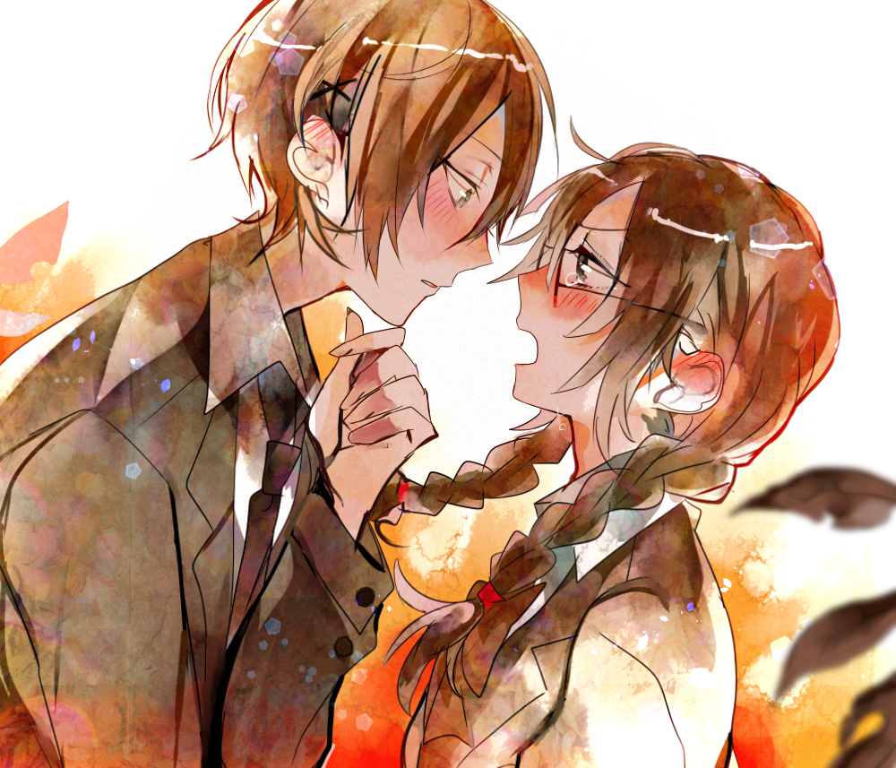 1boy, 1girl, blush, braid, brown_hair, eye_contact, glasses, long_hair