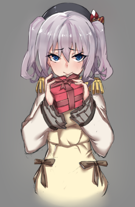 1girl, apron, beret, blue_eyes, blush, epaulettes, gift, grey_hair