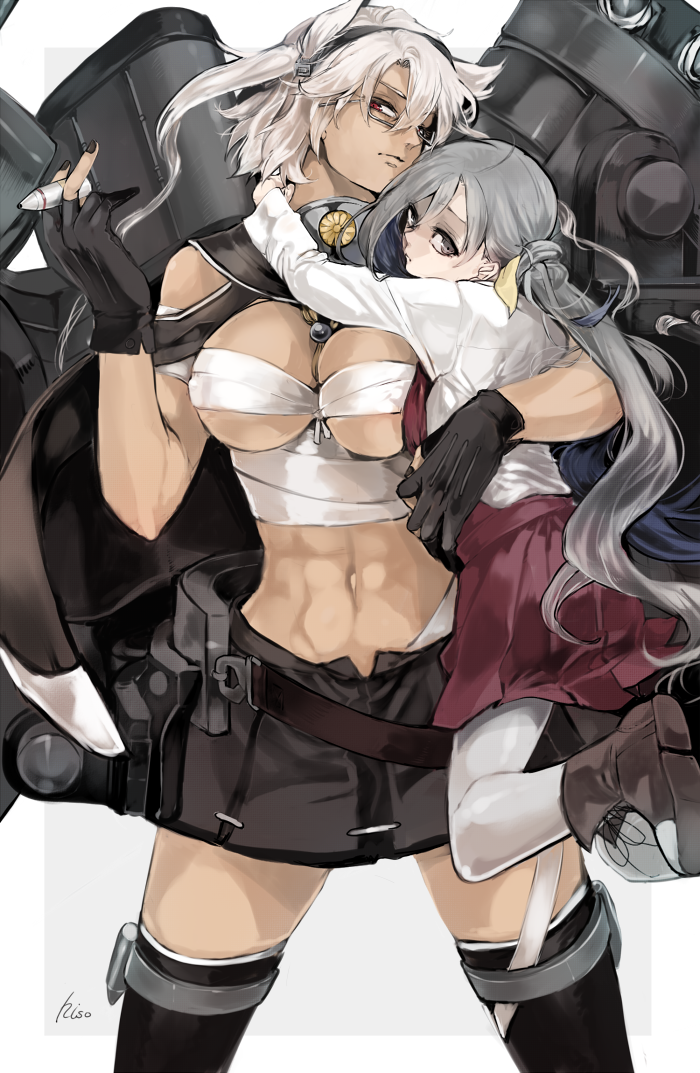 2girls, abs, ahoge, ammunition, artist_name, bandages, bare_shoulders, belt, black_legwear, blouse, bow, breasts, budget_sarashi, bullet, cannon, capelet, chrysanthemum, collar, dark_skin, dress, flower, glasses, gloves, grey_eyes, grey_hair, hair_between_eyes, hair_bun, hair_ribbon, hiso_(inoino_4), hug, kantai_collection, kiyoshimo_(kantai_collection), large_breasts, long_hair, looking_at_viewer, looking_back, low_twintails, machinery, microskirt, miniskirt, multiple_girls, musashi_(kantai_collection), pantyhose, partly_fingerless_gloves, pointy_hair, red_eyes, remodel_(kantai_collection), ribbon, sarashi, school_uniform, semi-rimless_glasses, short_hair, simple_background, skirt, sleeveless, sleeveless_dress, tall, thigh-highs, turret, twintails, two_side_up, very_long_hair, white_background, white_blouse, white_hair