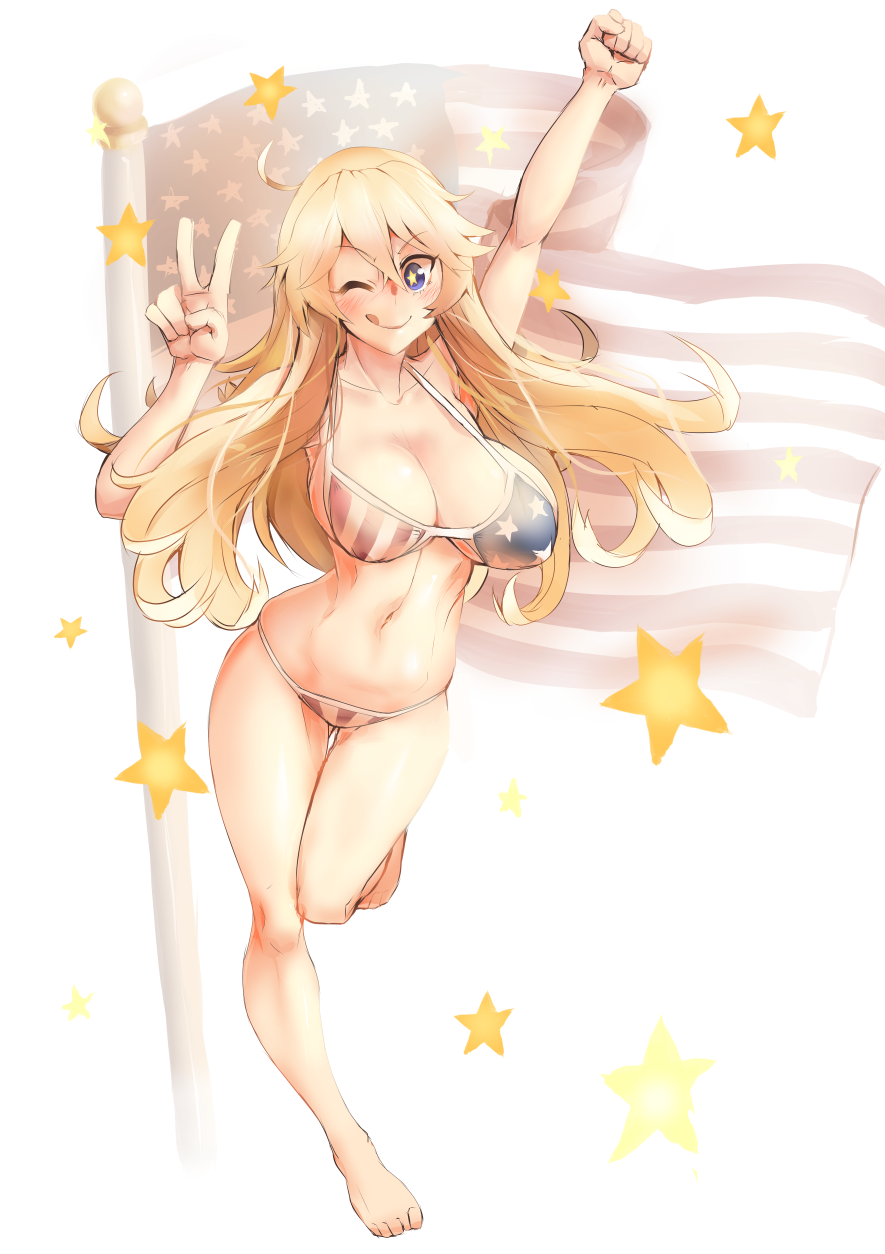 1girl, ;q, american_flag, american_flag_bikini, arm_up, bikini, blonde_hair, blue_eyes