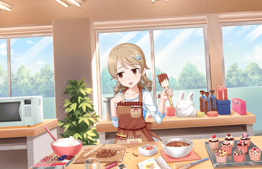 1girl, apron, artist_request, bag, blonde_hair, blush, brown_eyes, chocolate
