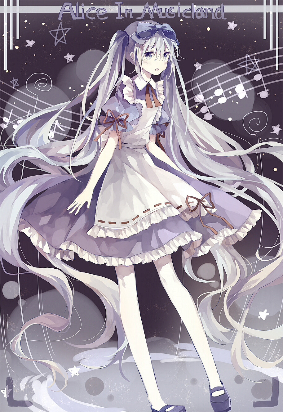 1girl, absurdly_long_hair, alice_in_musicland_(vocaloid), blue_eyes, blue_hair, copyright_name, dress, hatsune_miku