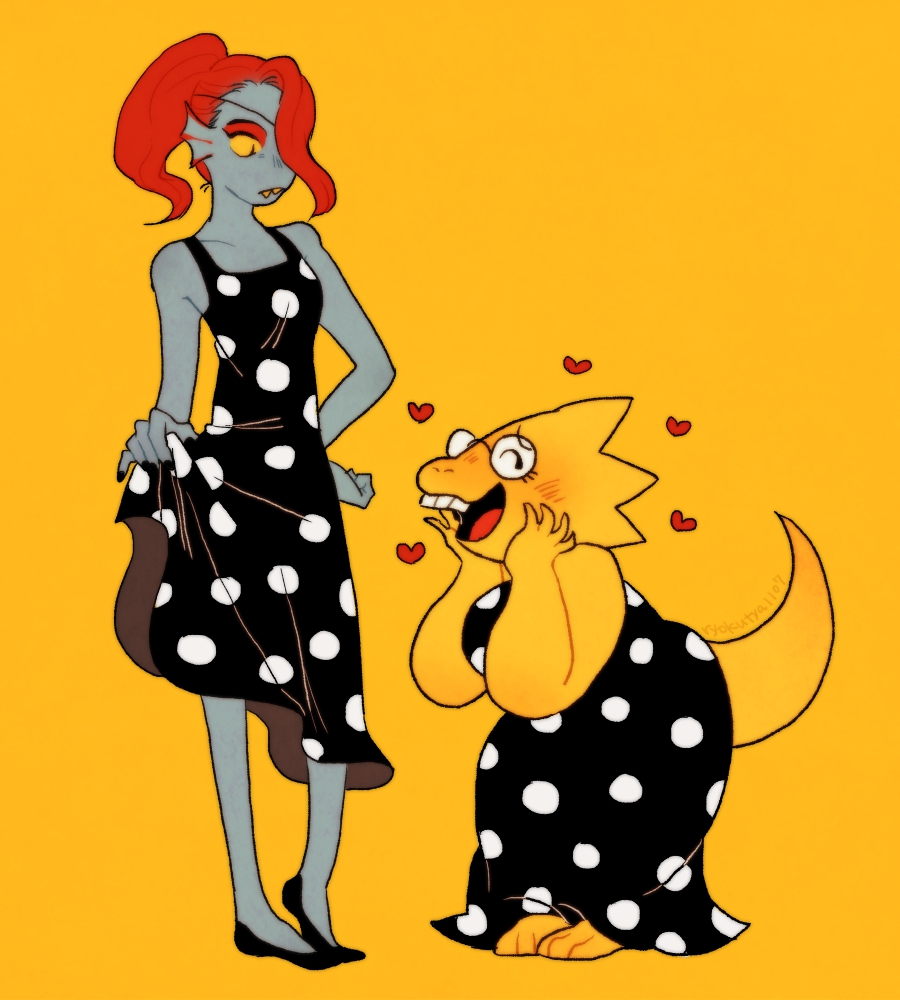 2girls, alphys, alternate_costume, black_nails, blush, commentary_request, cosplay, costume_switch, dragon_girl, dress, eyepatch, fins, fish_girl, glasses, hair_over_one_eye, hand_on_hip, heart, height_difference, monster_girl, multiple_girls, nail_polish, plump, polka_dot, polka_dot_dress, ponytail, redhead, ryokutya1107, sharp_teeth, simple_background, skirt, skirt_lift, small_breasts, tail, teeth, undertale, undyne, wavy_hair