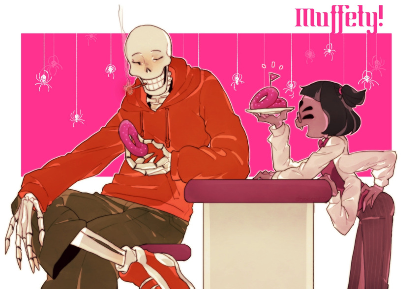 1boy, 1girl, alternate_universe, black_hair, blush, bow, bowtie, character_name, commentary_request, doughnut, extra_arms, extra_eyes, fang, food, formal, glasses, height_difference, hood, hoodie, insect_girl, monster_girl, muffet_(underswap), muffet_(undertale_au), pant_suit, pants, papyrus_(underswap), papyrus_(undertale_au), personality_switch, ponytail, ryokutya1107, shoes, short_pants, sitting, skeleton, smoking, sneakers, spider, spider_girl, spider_print, stool, striped, striped_pants, suit, underswap, undertale, undertale_au