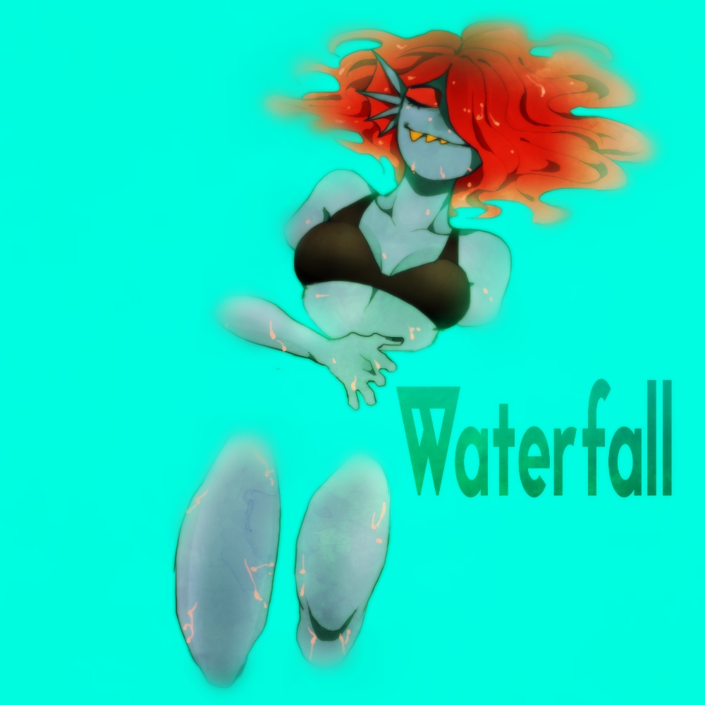 1girl, alternate_costume, bikini_top, blue_skin, closed_eyes, commentary_request, fins, fish_girl