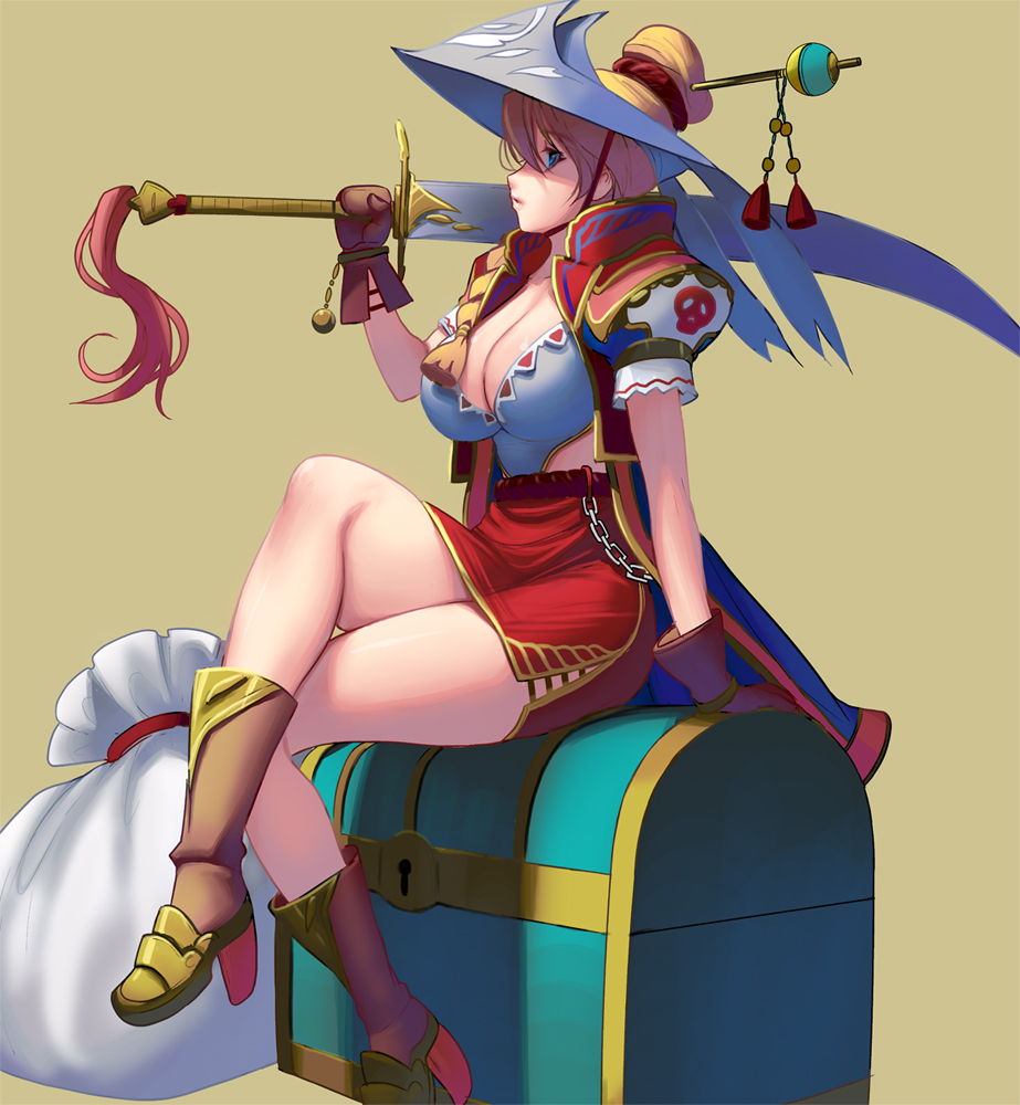 1girl, bag, blonde_hair, blue_eyes, boots, breasts, brown_gloves, chain, cleavage, crossed_legs, gloves, hair_ornament, hair_stick, hat, large_breasts, masao, open_clothes, open_vest, original, over_shoulder, puffy_short_sleeves, puffy_sleeves, scrunchie, shirt, short_sleeves, side_slit, sitting, sitting_on_chest, skirt, solo, sword, sword_over_shoulder, treasure_chest, vest, weapon, weapon_over_shoulder