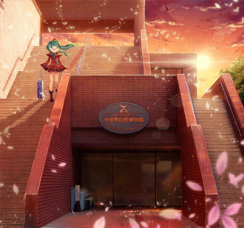 1girl, boots, capelet, cherry_blossoms, dress, green_eyes, green_hair, hat