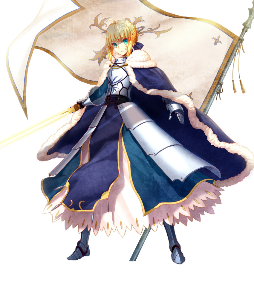 1girl, absurdres, ahoge, armor, armored_dress, banner, blonde_hair, breastplate