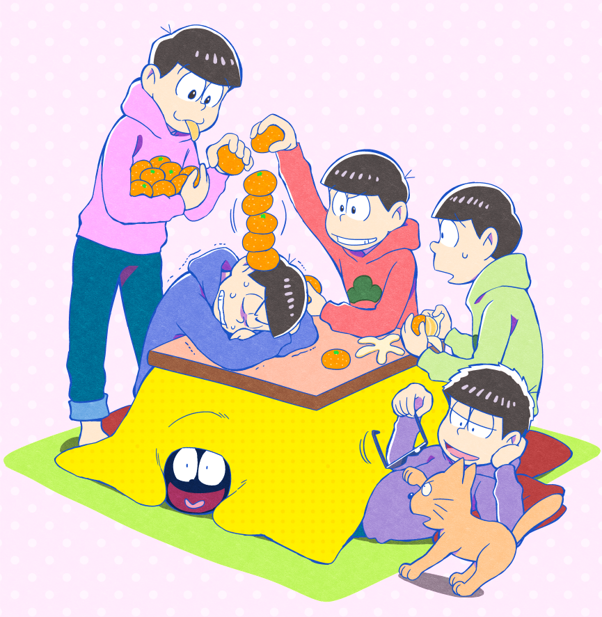 6+boys, arm_support, bowl_cut, brothers, brown_hair, draw_two, food, fruit, heart, heart_in_mouth, hood, hoodie, kotatsu, male_focus, mandarin_orange, matsuno_choromatsu, matsuno_ichimatsu, matsuno_juushimatsu, matsuno_karamatsu, matsuno_osomatsu, matsuno_todomatsu, messy_hair, multiple_boys, osomatsu-kun, osomatsu-san, sextuplets, siblings, stacking, sweatdrop, table, trembling, under_kotatsu, under_table