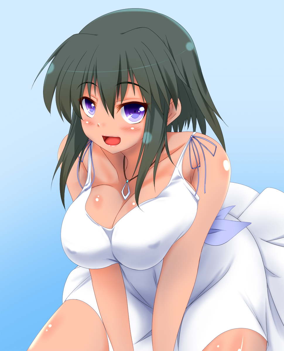 1girl, :d, bare_arms, bare_shoulders, between_legs, blue_background, body_blush, breast_squeeze