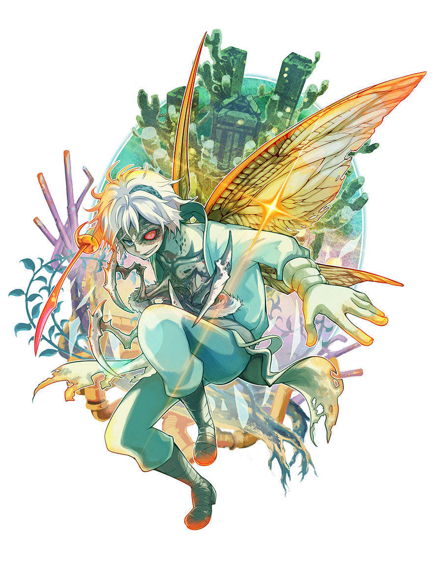 1boy, blue_eyes, insect_wings, leaf, mushikago_no_cagaster, red_eyes, short_hair, sword