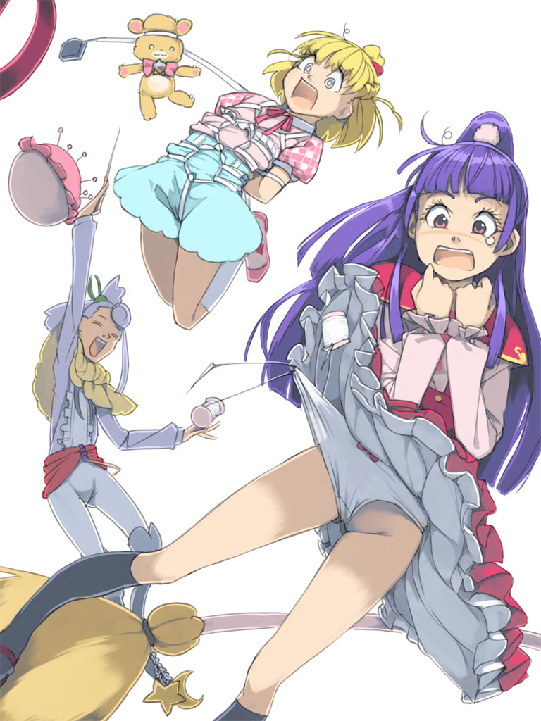 2girls, @_@, akinbo_(hyouka_fuyou), asahina_mirai, bear, blonde_hair, broom, closed_eyes