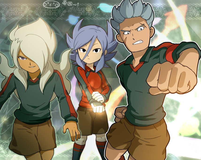 3boys, armband, black_eyes, clenched_teeth, gloves, goalkeeper, inazuma_eleven_(series), inazuma_eleven_go